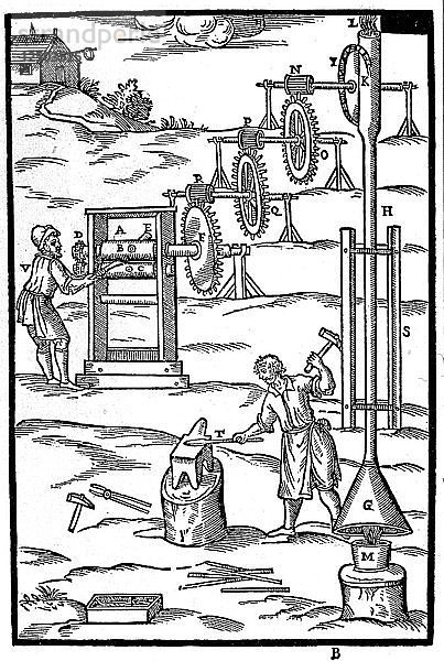 Walzwerk und Schmiede  angetrieben durch die heißen Gase eines Ofens  1629. Künstler: Unbekannt