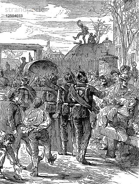 Deutsche Besatzungssoldaten verlassen Paris nach dem Deutsch-Französischen Krieg  1871 (um 1880). Künstler: Unbekannt