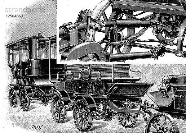 Automobilzug von Renards  mit Kupplung (oben rechts) und einem Zug von Wagen  1904. Künstler: Unbekannt