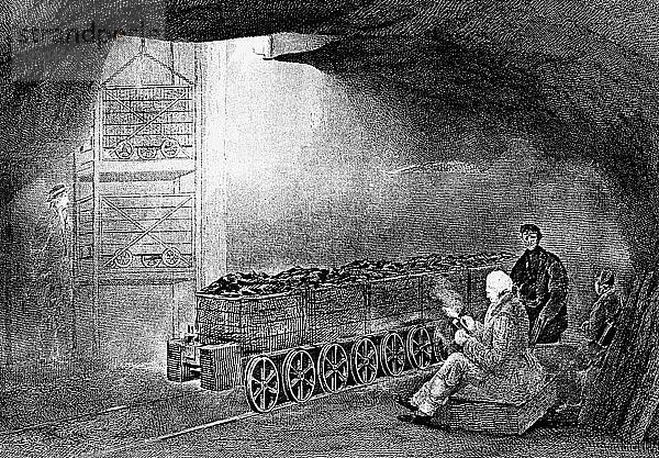Sohle eines Schachtes in einem Kohlebergwerk mit einem Zug beladener Waggons  1860. Künstler: Unbekannt