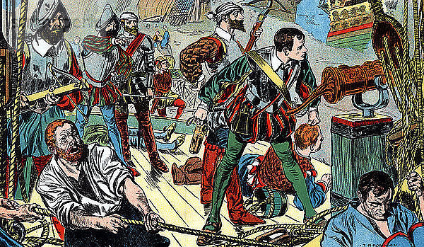 Die Revenge im Kampf gegen die spanische Flotte vor Flores  1591 (um 1900). Künstler: TM Robinson
