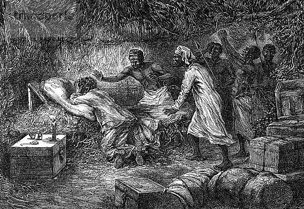 Tod von David Livingstone  schottischer Missionar und Entdecker  1. Mai 1873 (1877). Künstler: Unbekannt