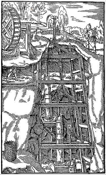 Entleerung eines Bergwerks mit Hilfe einer Reihe von Saugpumpen  die von einem Wasserrad angetrieben werden  1556. Künstler: Unbekannt