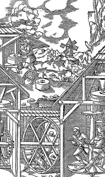 Zerkleinern von goldhaltigen Erzen in Mühlen  die im Prinzip den Getreidemühlen ähneln  1556. Künstler: Unbekannt