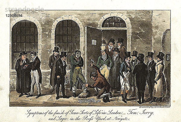 Tom  Jerry und Logic im Pressehof  Newgate-Gefängnis  London  1821. Künstler: George Cruikshank