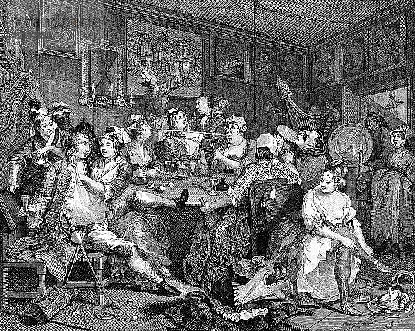 Tavernenszene aus The Rakes Progress  1735. Künstler: William Hogarth