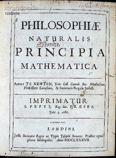 Titelblatt von Newtons Philosophiae Naturalis Principia Mathematica  1687. Künstler: Unbekannt