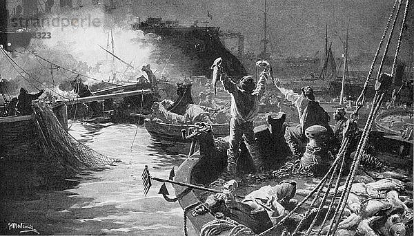 Russische Flotte bombardiert englische Fischerboote in der Nordsee  Russisch-Japanischer Krieg 1904-5. Künstler: Unbekannt