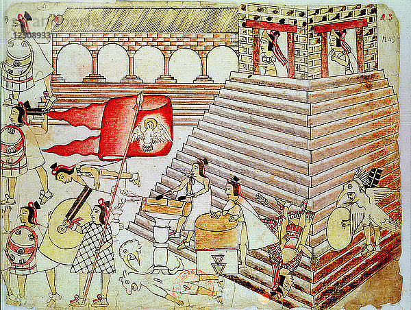 Aztekische Krieger bei der Verteidigung des Tempels von Tenochtitlan gegen die Konquistadoren  1519-1521. Künstler: Unbekannt
