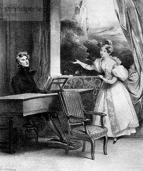 Pianist am Keyboard  der eine Dame beim Singen begleitet  19. Jahrhundert. Künstler: Unbekannt