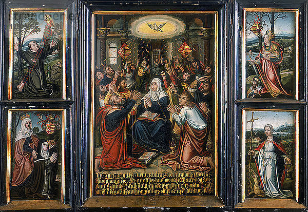 Triptychon  dessen zentrale Tafel den Heiligen Geist zu Pfingsten zeigt. Künstler: Unbekannt