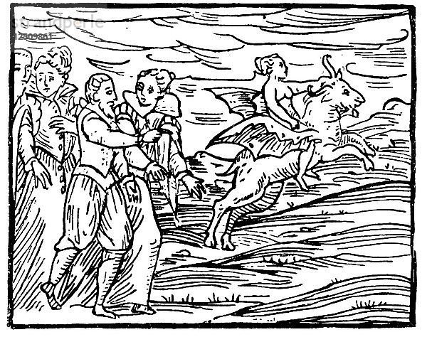 Der Teufel in Form einer fliegenden Ziege  die eine Hexe zum Sabbat trägt  1608. Künstler: Unbekannt