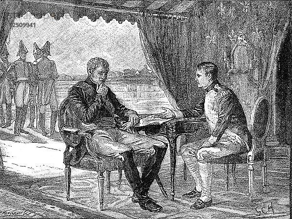 Alexander I. von Russland und Napoleon I. (Bonaparte) von Frankreich in Tilsit  1807 (um 1880). Künstler: Unbekannt
