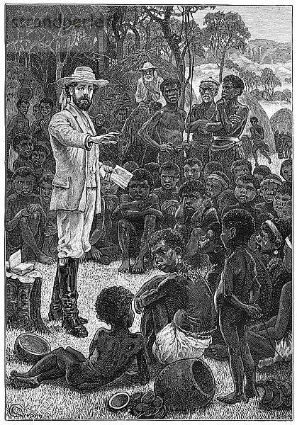 Charles Frederick MacKenzie  britischer Missionar  predigt vor afrikanischen Kindern  1854-1862 (um 1880). Künstler: Unbekannt