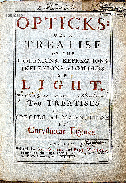 Titelblatt von Opticks des englischen Wissenschaftlers und Mathematikers Isaac Newton  1794. Künstler: Unbekannt