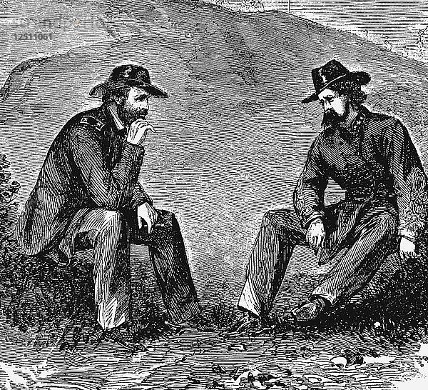 Die Generäle Grant und Pemberton verhandeln über die Kapitulation von Vicksburg  Amerikanischer Bürgerkrieg  1863. Künstler: Unbekannt