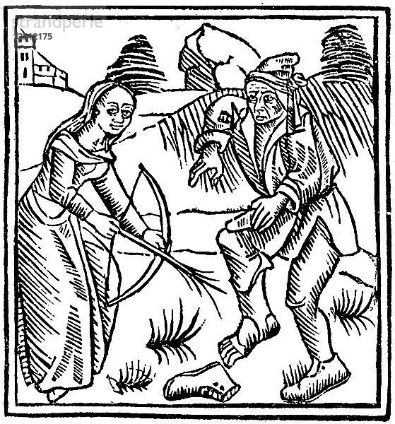 Hexe  die einen Mann mit einem verzauberten Pfeil aus einem Haselholzstab in den Fuß schießt  1489. Künstler: Unbekannt