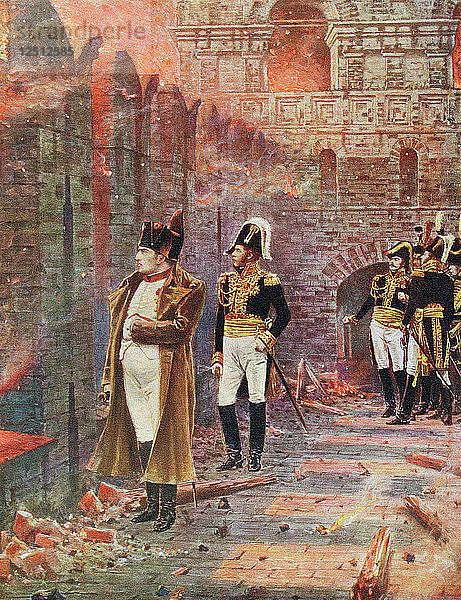 Napoleon und sein Stab beobachten den Brand von Moskau  1812 (Ende 19. Jahrhundert). Künstler: Unbekannt