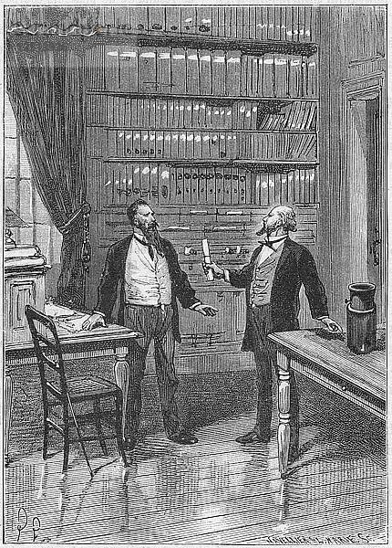 Elisha Gray  amerikanischer Erfinder  bei der Präsentation der Schutzvorrichtung für sein Telefon  1876  (um 1890). Künstler: Unbekannt