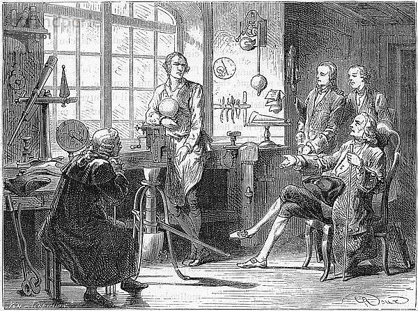 Joseph Black besucht James Watt in seiner Werkstatt in Glasgow  um 1760 (um 1879). Künstler: Unbekannt