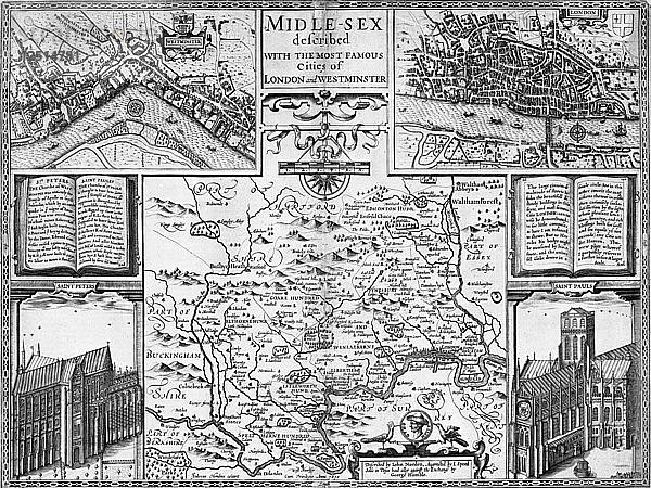 Karte von London  Westminster und Middlesex  Ende des 16. bis Anfang des 17. Jahrhunderts. Künstler: John Speed