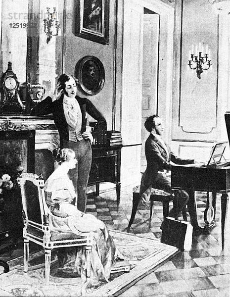 Felix Mendelssohn (1809-1847) bei seinem Auftritt vor Königin Victoria und Prinz Albert im Buckingham Palace. Künstler: Unbekannt