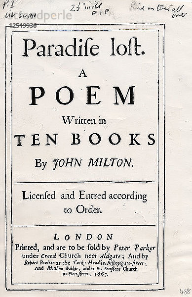 Umschlag der 1. Ausgabe von Paradise Lost  von John Milton  1661. Künstler: John Milton