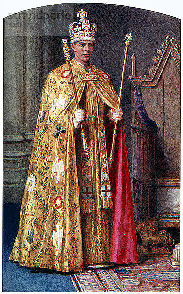 Georg VI. im Krönungsgewand: der goldene kaiserliche Mantel mit der St. Edwards-Krone  1937  Künstler: Fortunino Matania