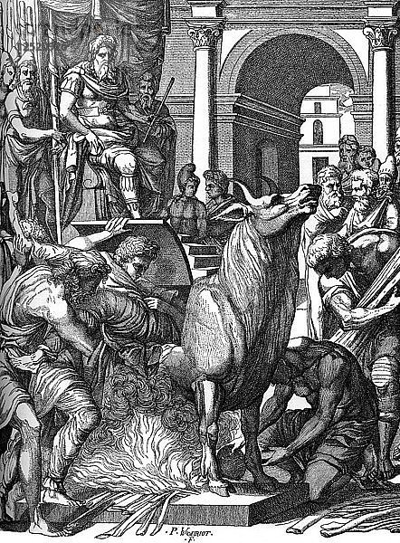 Perillus  der von Phalaris zum bronzenen Stier verurteilt wird  16. Jahrhundert  (1870). Künstler: Pierre Woeiriot de Bouze