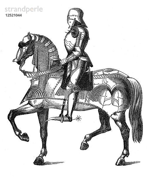Ein mittelalterlicher Ritter  bewaffnet und beritten für den Krieg  (1870). Künstler: Unbekannt