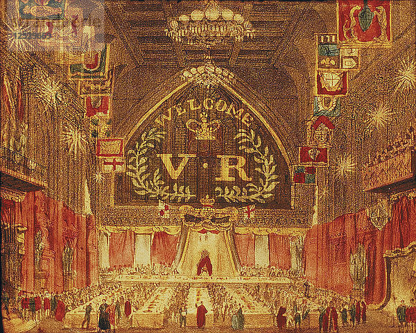 Das Bankett für Königin Victoria in der Guildhall  London  1837. Künstler: Anon