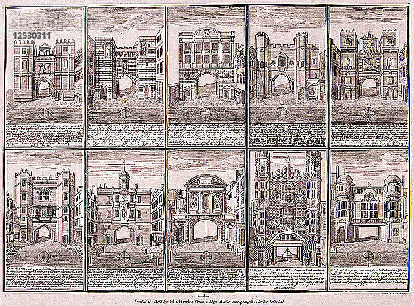 Londons zehn Stadttore  1720. Künstler: Sutton Nicholls