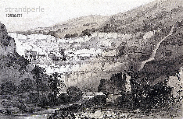Ansicht der Höhlen  Ajunta  Indien  1844. Künstler: Thomas Colman Dibdin
