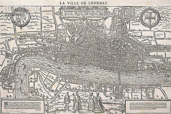 Karte der City of London und City of Westminster mit vier Figuren im Vordergrund  (um 1572?). Künstler: Anon