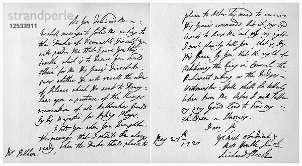Brief von Sir Richard Steele an Henry Pelham  27. Mai 1720. Künstler: Richard Steele