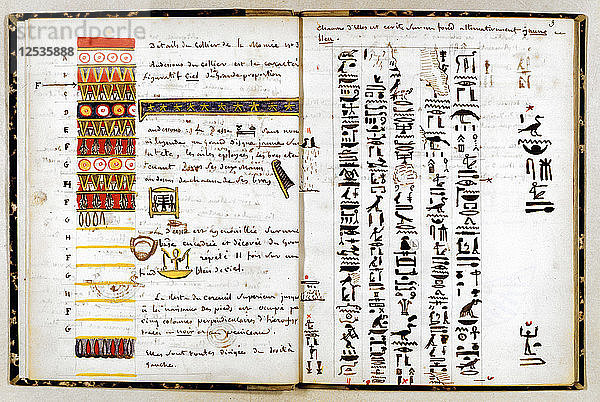Hieroglyphen im Notizbuch von Jean-Francois Champollion  um 1806-1832. Künstler: Jean-Francois Champollion