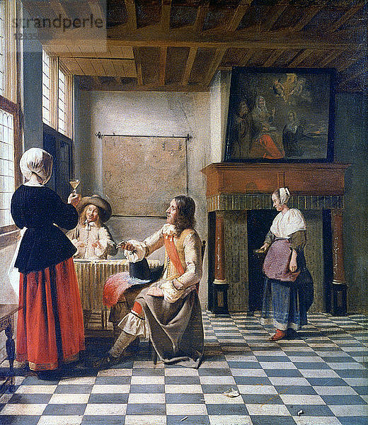 Interieur  Frau trinkt mit zwei Männern und einem Dienstmädchen  um 1658 Künstler: Pieter de Hooch