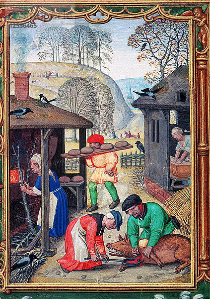 Dezember  Schlachtung des Schweins  1520. Künstler: Gerhard Hoornbach