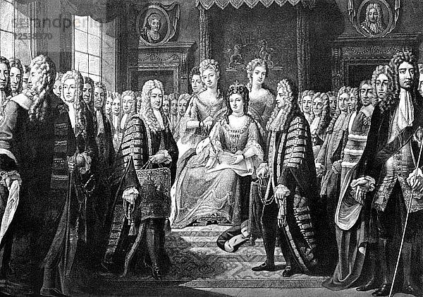 Unionsartikel  von Kommissaren an Königin Anne übergeben  1706. Künstler: Unbekannt