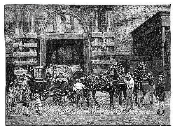 Anspannen der schwarzen Pferde im königlichen Marstall  Buckingham Palace  London  um 1888. Künstler: Unbekannt