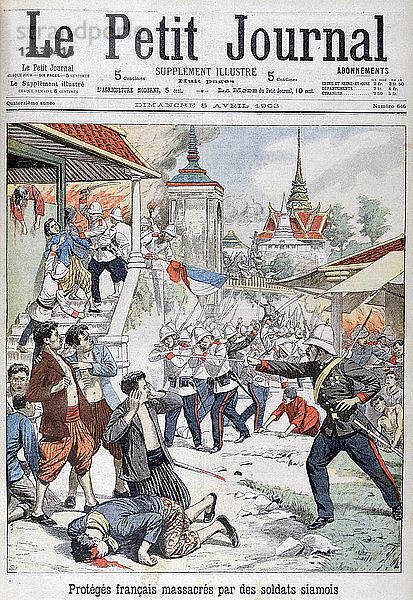 Unter französischem Schutz stehende Menschen werden von siamesischen Soldaten massakriert  Siam  1903. Künstler: Unbekannt