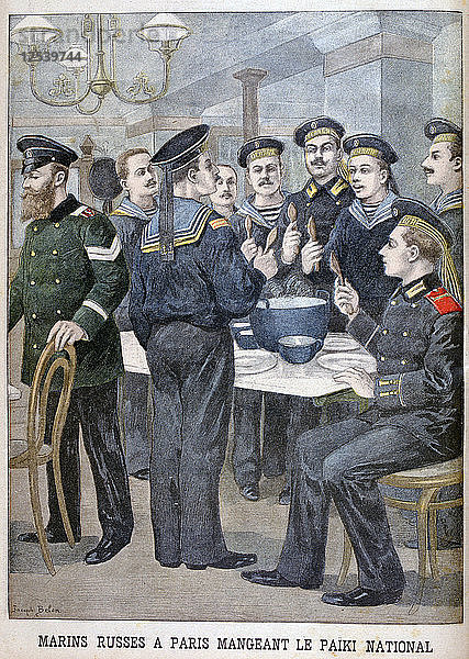 Russische Marinesoldaten essen Paiki in Paris  1900. Künstler: Joseph Belon