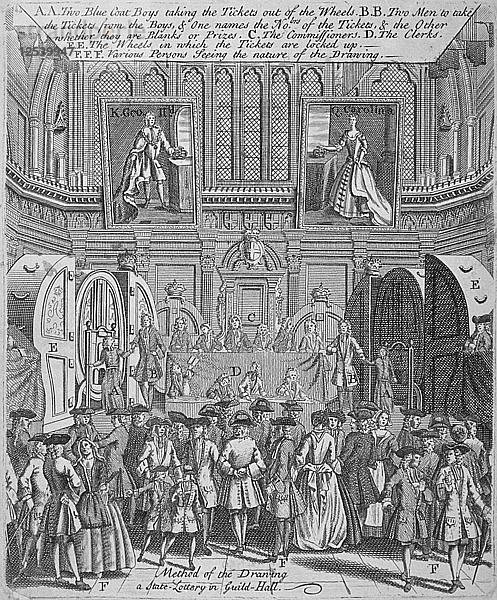 Zeichnung der staatlichen Lotterie in der Guildhall  City of London  1739. Künstler: Anon