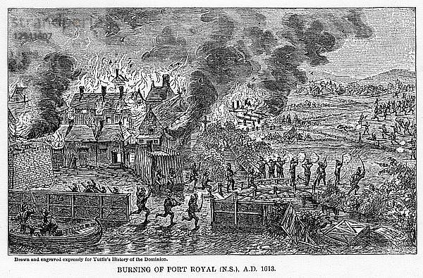 Brand von Port Royal (Neuschottland)  1613 n. Chr.  (1877). Künstler: Unbekannt