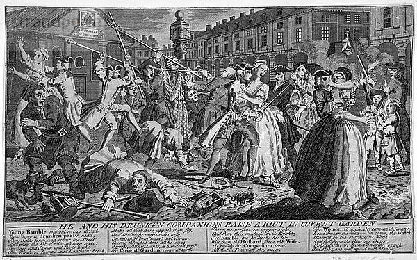 Er und seine betrunkenen Gefährten randalieren in Covent Garden  1735. Künstler: Anon