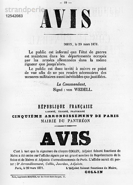 Avise  von französischen politischen Plakaten der Pariser Kommune  Mai 1871. Künstler: Unbekannt