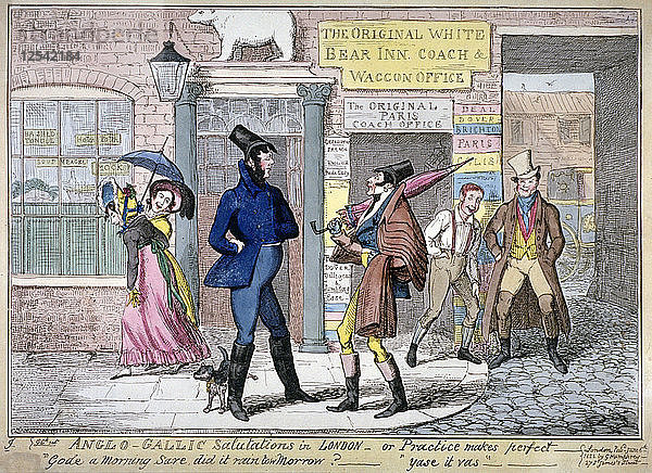 Anglo-gallische Begrüßung in London  oder: Übung macht den Meister  1822. Künstler: George Cruikshank