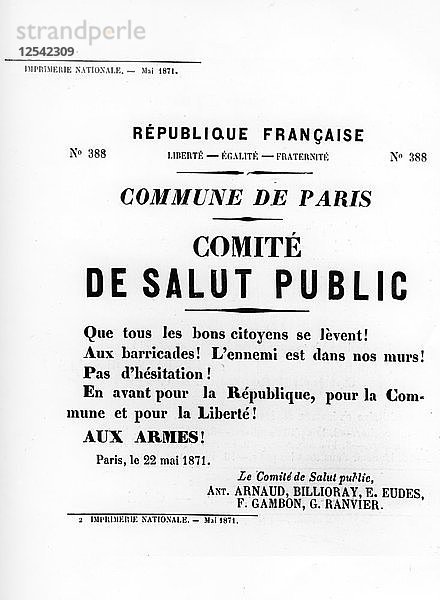 De Salut Public  von französischen politischen Plakaten der Pariser Kommune  Mai 1871. Künstler: Unbekannt