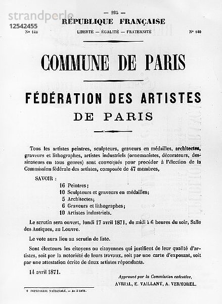 Federation des Artistes  von französischen politischen Plakaten der Pariser Kommune  Mai 1871. Künstler: Unbekannt