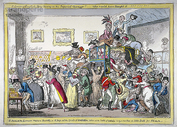 Ein englischer Bienenschwarm schwärmt in der kaiserlichen Kutsche! eine Szene im Londoner Museum  1816. Künstler: George Cruikshank